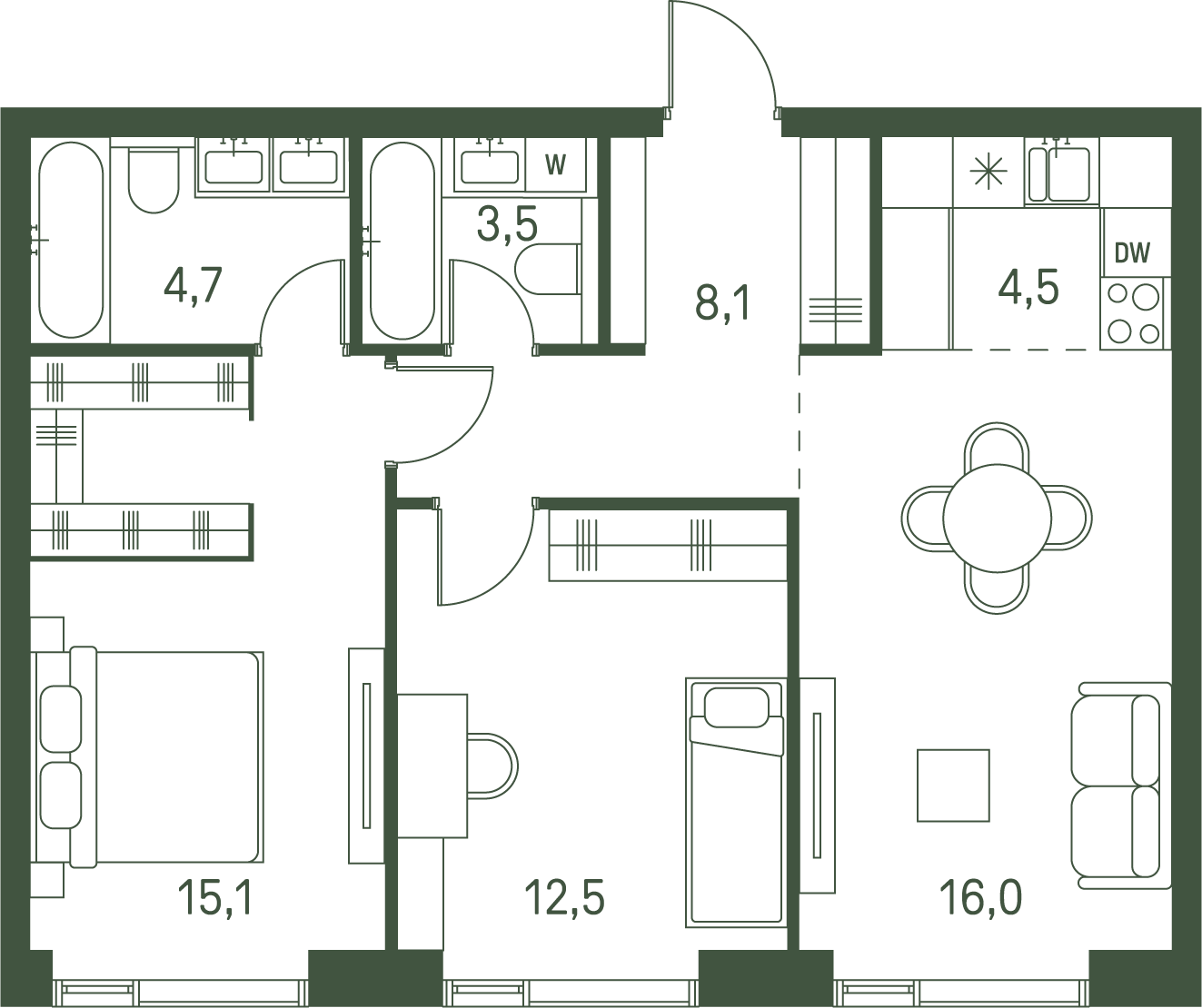 2 комн. квартира, 64.4 м², 35 этаж 