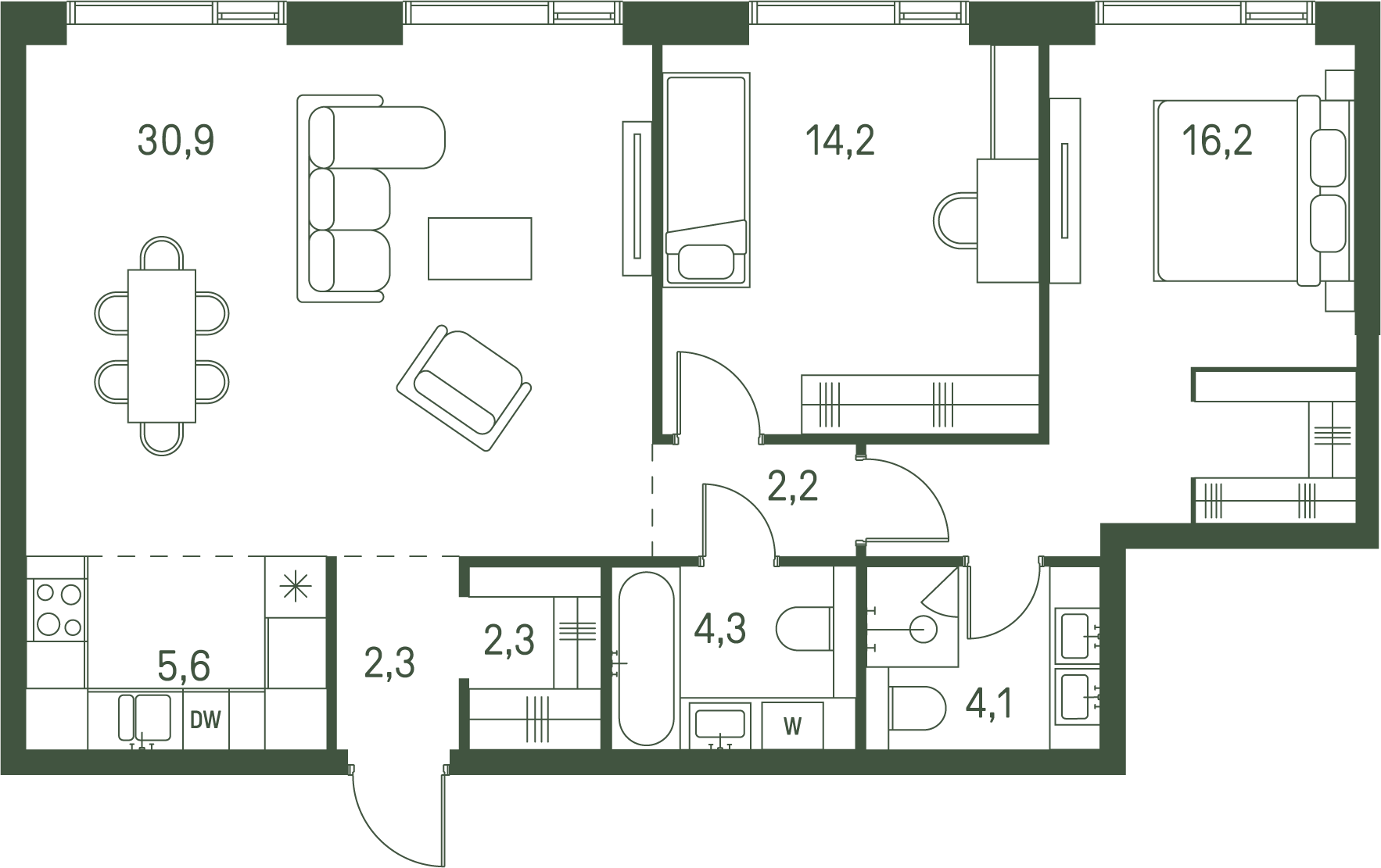 2 комн. квартира, 82.1 м², 38 этаж 