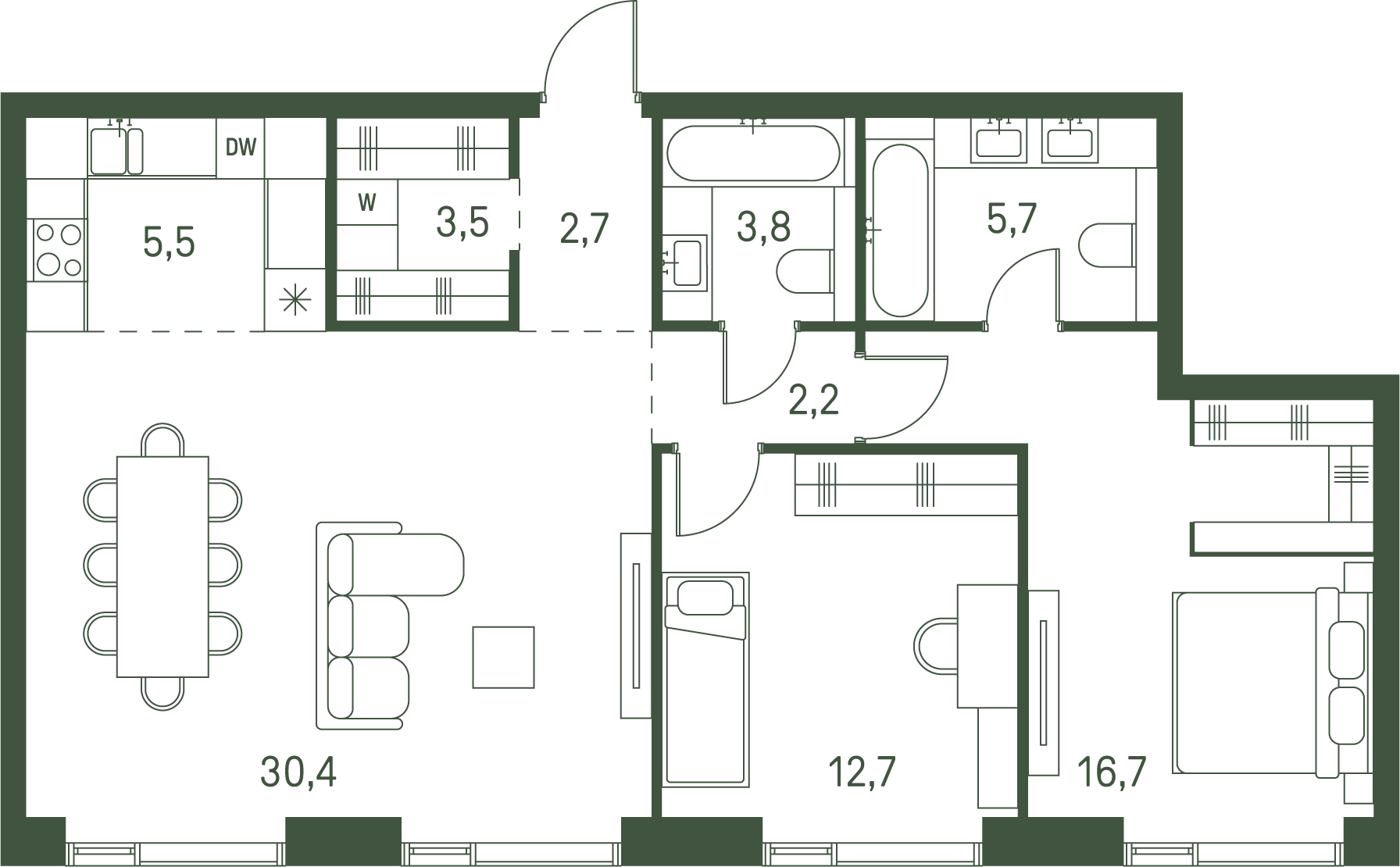 2 комн. квартира, 83.2 м², 35 этаж 