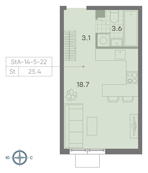 студия, 25.4 м², 22 этаж 