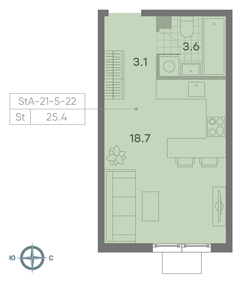 студия, 25.4 м², 22 этаж 