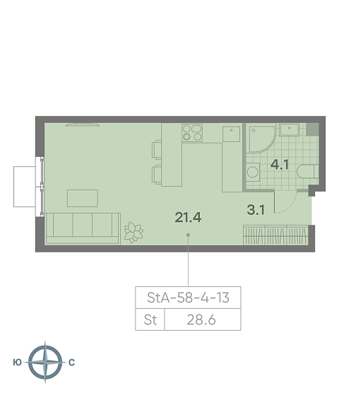 студия, 28.6 м², 9 этаж 