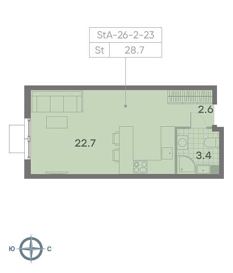 студия, 28.7 м², 12 этаж 