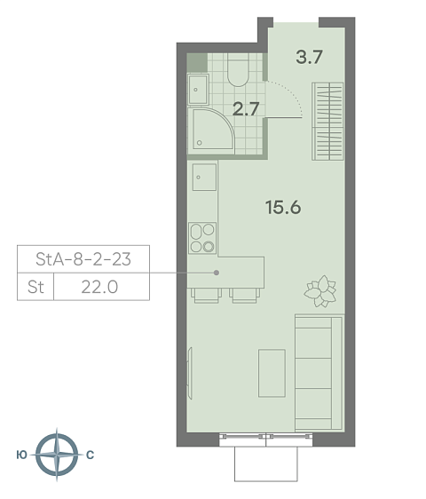 студия, 22 м², 23 этаж 