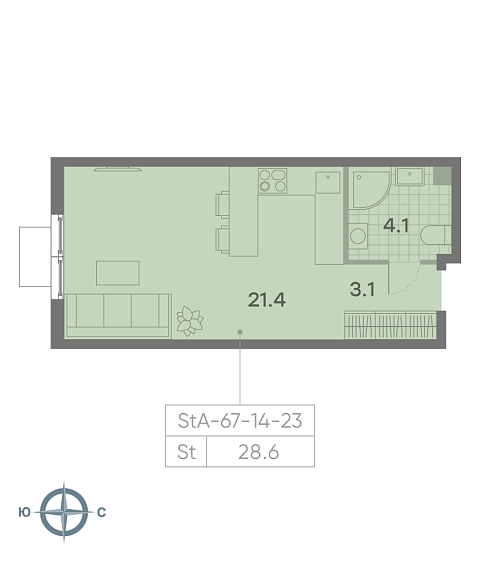 студия, 28.6 м², 16 этаж 