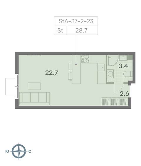студия, 28.7 м², 23 этаж 