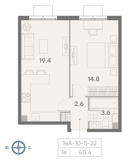 студия, 40.4 м², 22 этаж 