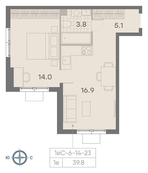 студия, 39.8 м², 23 этаж 