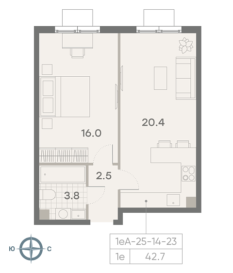 студия, 42.7 м², 23 этаж 