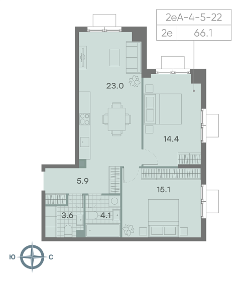 1 комн. квартира, 66.1 м², 14 этаж 