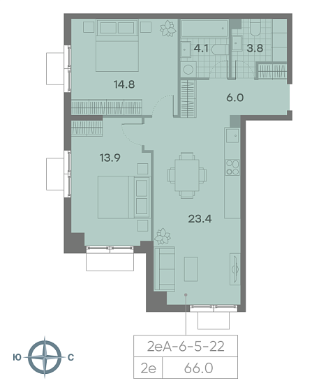 1 комн. квартира, 66 м², 22 этаж 
