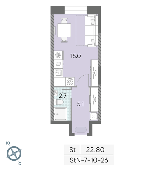 студия, 22.8 м², 26 этаж 