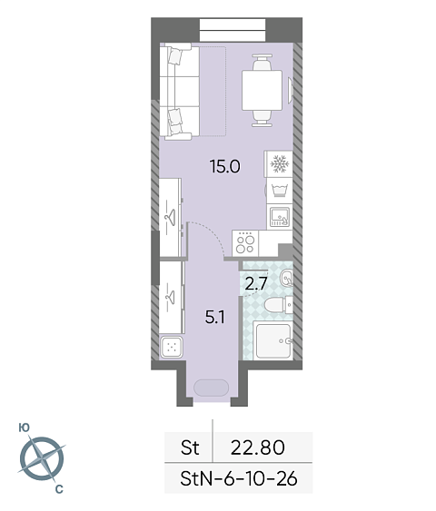 студия, 22.8 м², 26 этаж 
