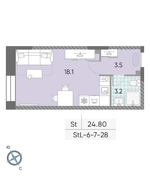 студия, 24.8 м², 23 этаж 