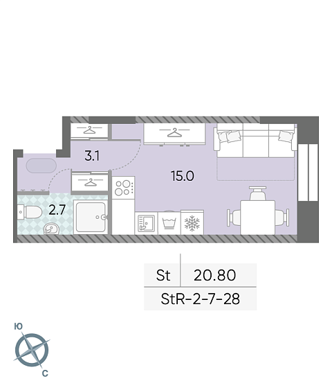 студия, 20.8 м², 28 этаж 