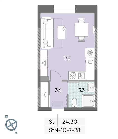 студия, 24.3 м², 28 этаж 