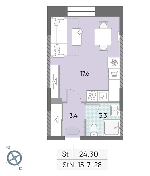 студия, 24.3 м², 28 этаж 