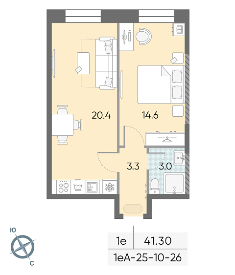 студия, 41.3 м², 22 этаж 