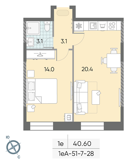 студия, 40.6 м², 23 этаж 