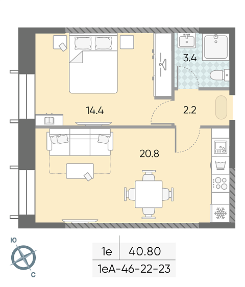 студия, 40.8 м², 22 этаж 