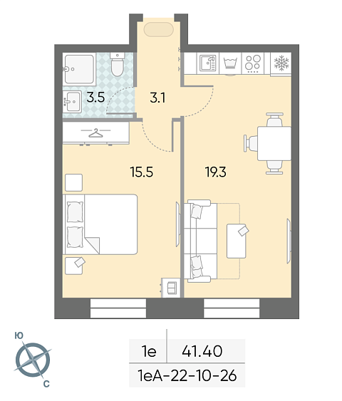 студия, 41.4 м², 26 этаж 
