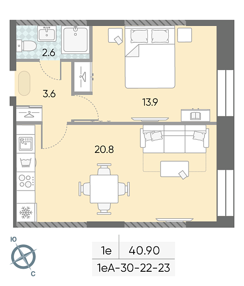 студия, 40.9 м², 23 этаж 