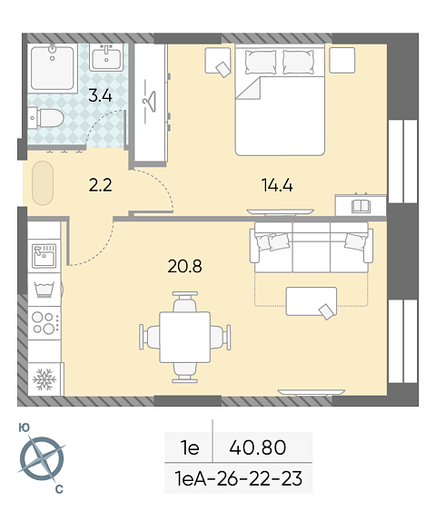 студия, 40.8 м², 23 этаж 