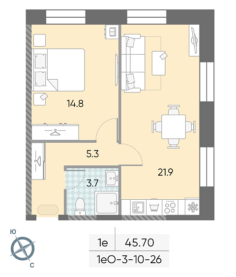 студия, 45.7 м², 21 этаж 