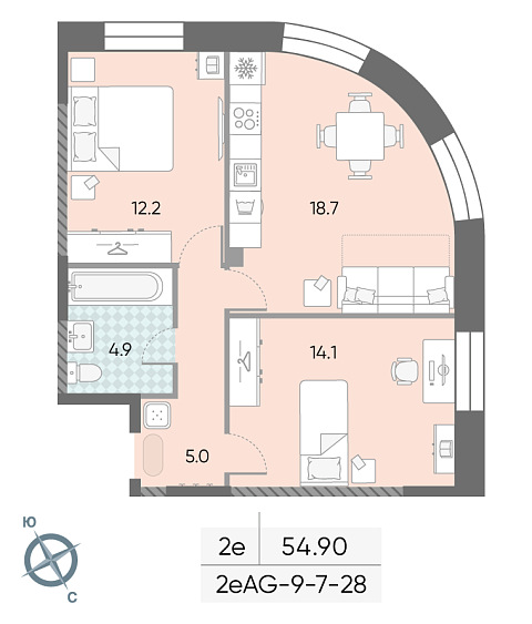 1 комн. квартира, 54.9 м², 23 этаж 