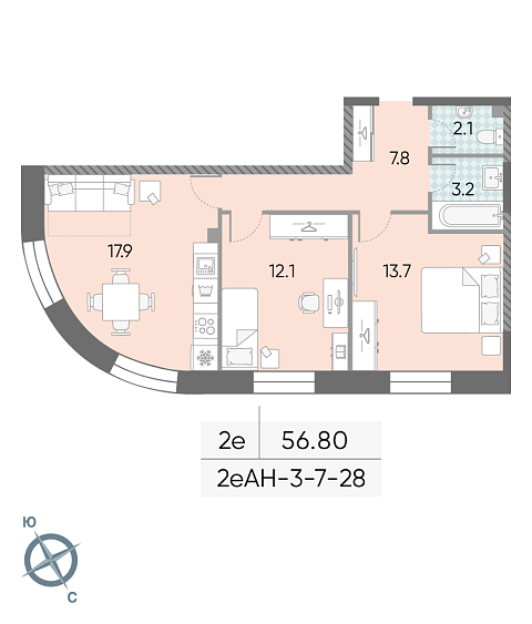 1 комн. квартира, 56.8 м², 28 этаж 