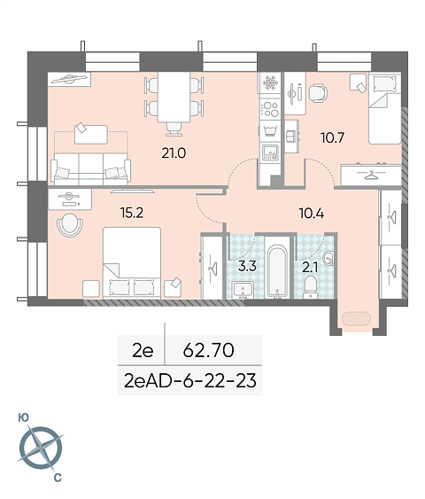 1 комн. квартира, 62.7 м², 23 этаж 