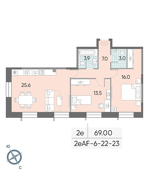 1 комн. квартира, 69 м², 23 этаж 