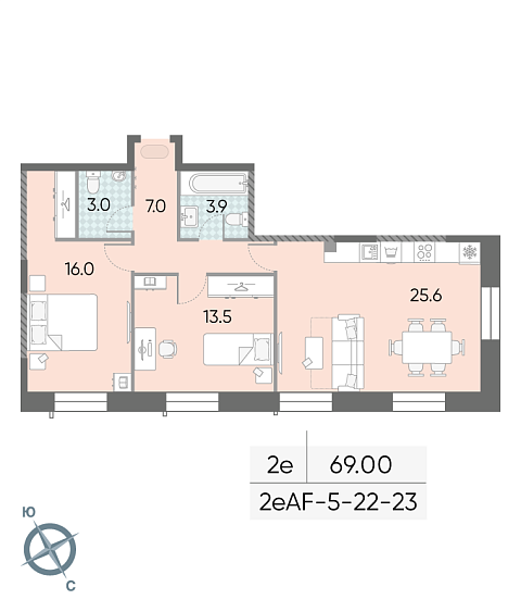 1 комн. квартира, 69 м², 23 этаж 