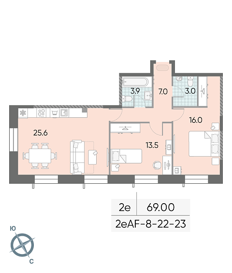 1 комн. квартира, 69 м², 23 этаж 