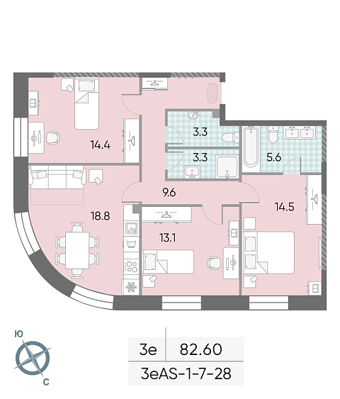 2 комн. квартира, 82.6 м², 21 этаж 