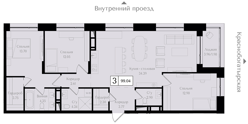 3 комн. квартира, 99.1 м², 10 этаж 
