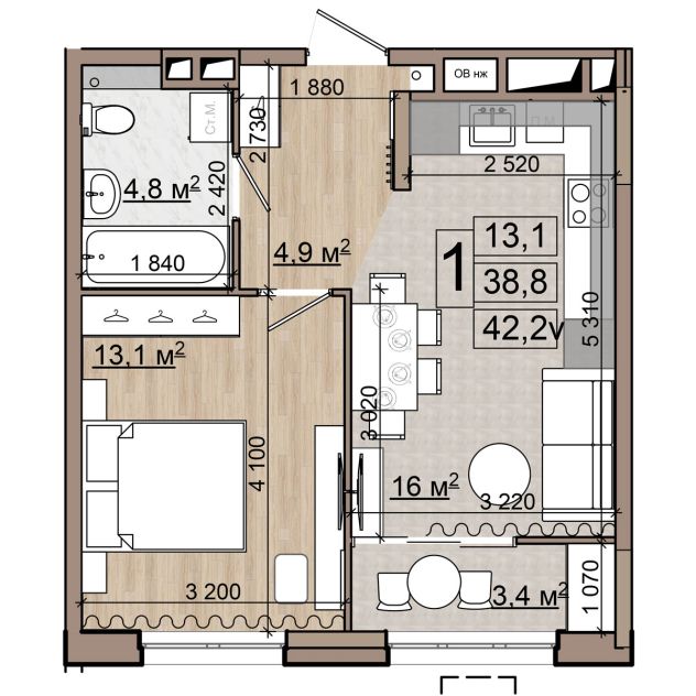 1 комн. квартира, 42.2 м², 13 этаж 