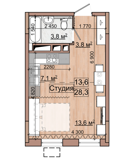 студия, 28.3 м², 3 этаж 