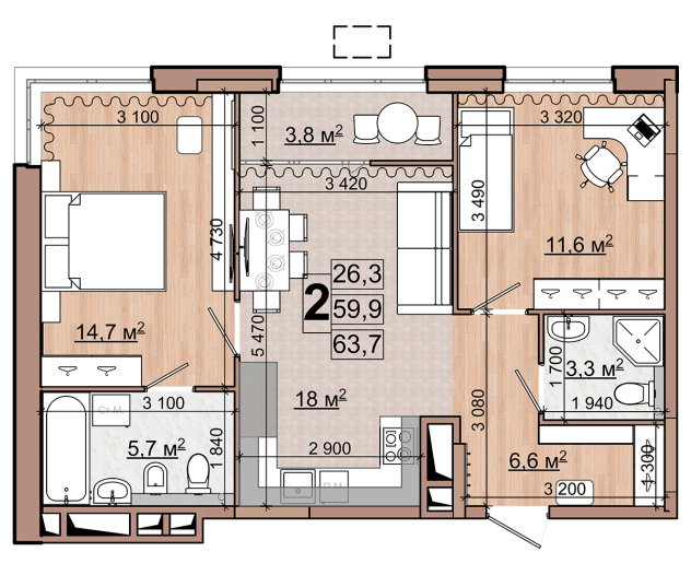 2 комн. квартира, 63.7 м², 12 этаж 