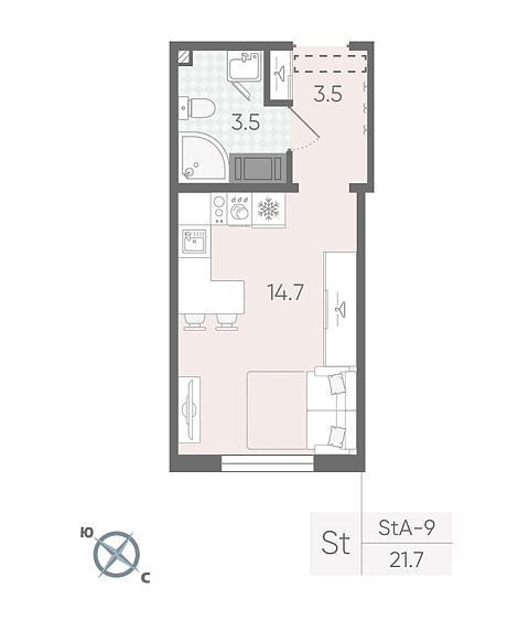 студия, 21.7 м², 19 этаж 