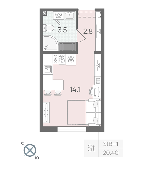 студия, 20.4 м², 23 этаж 
