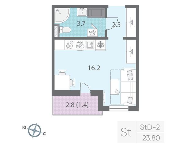 студия, 23.8 м², 19 этаж 
