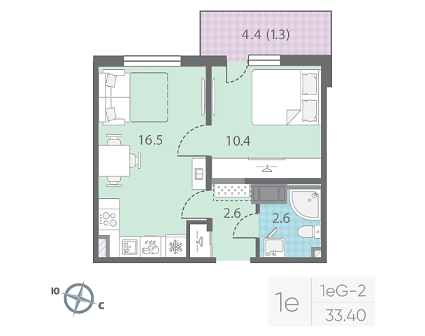 студия, 33.4 м², 15 этаж 
