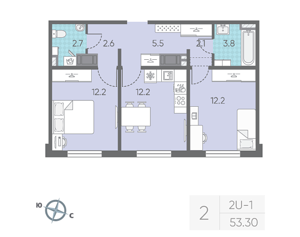 2 комн. квартира, 53.3 м², 3 этаж 