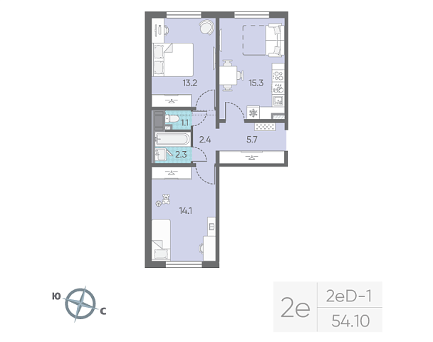 1 комн. квартира, 54.1 м², 5 этаж 