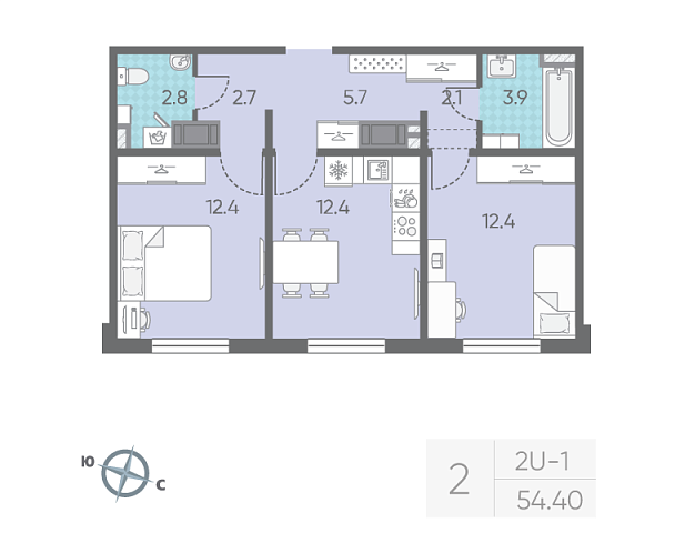 2 комн. квартира, 54.4 м², 5 этаж 