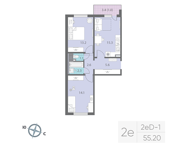 1 комн. квартира, 55.2 м², 14 этаж 