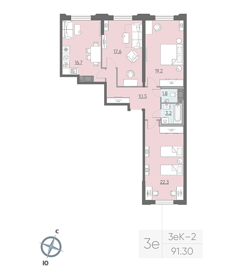2 комн. квартира, 90.3 м², 3 этаж 
