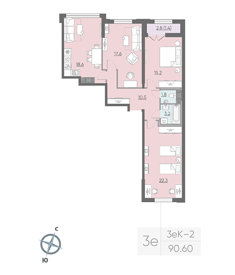 2 комн. квартира, 89.9 м², 6 этаж 