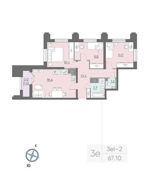 2 комн. квартира, 67.4 м², 23 этаж 